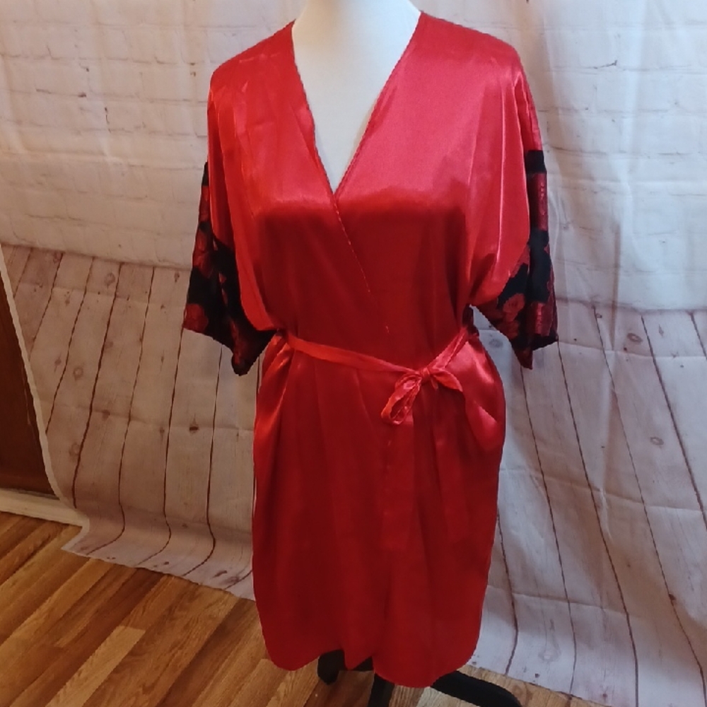 OYO Womans Y2K Red  Satin & Lace Feminine Mesh   Robe Set L